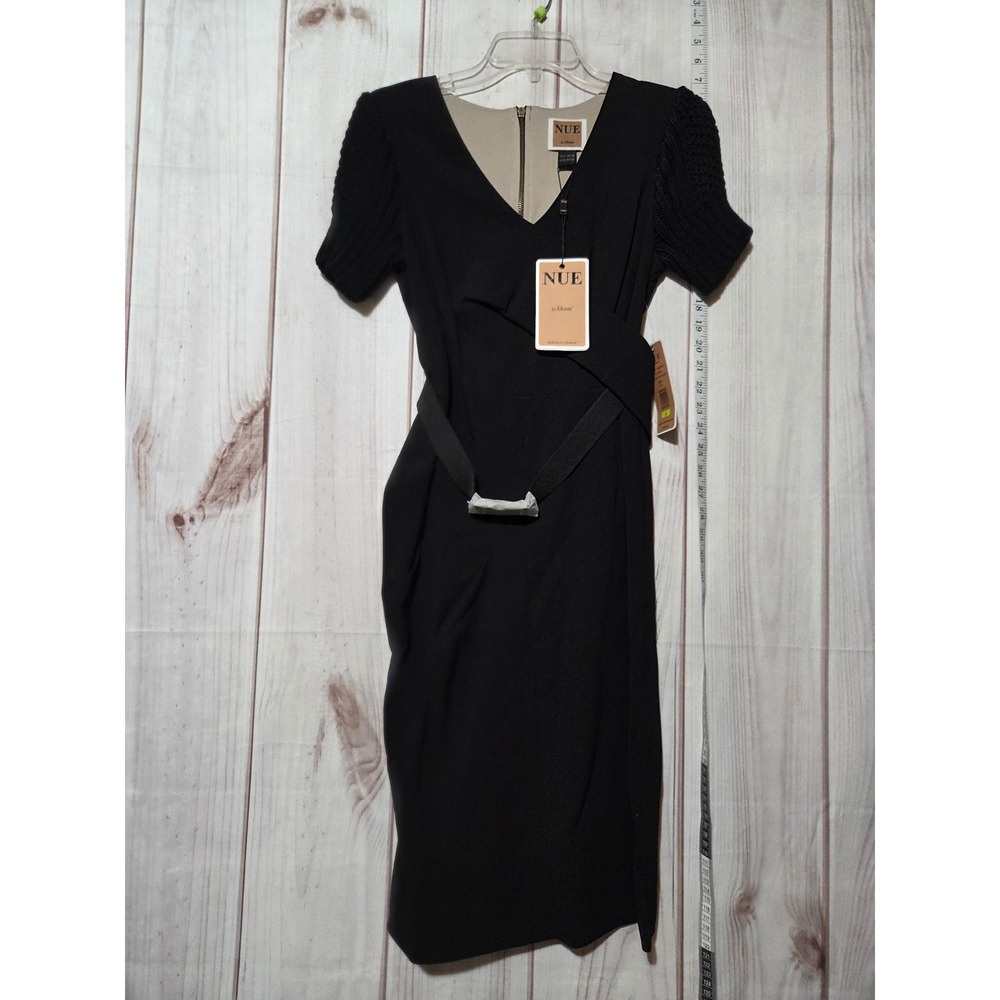 NUE by Shani Black Knit Sleeve Belted V Neck Sheath Dress Size S
